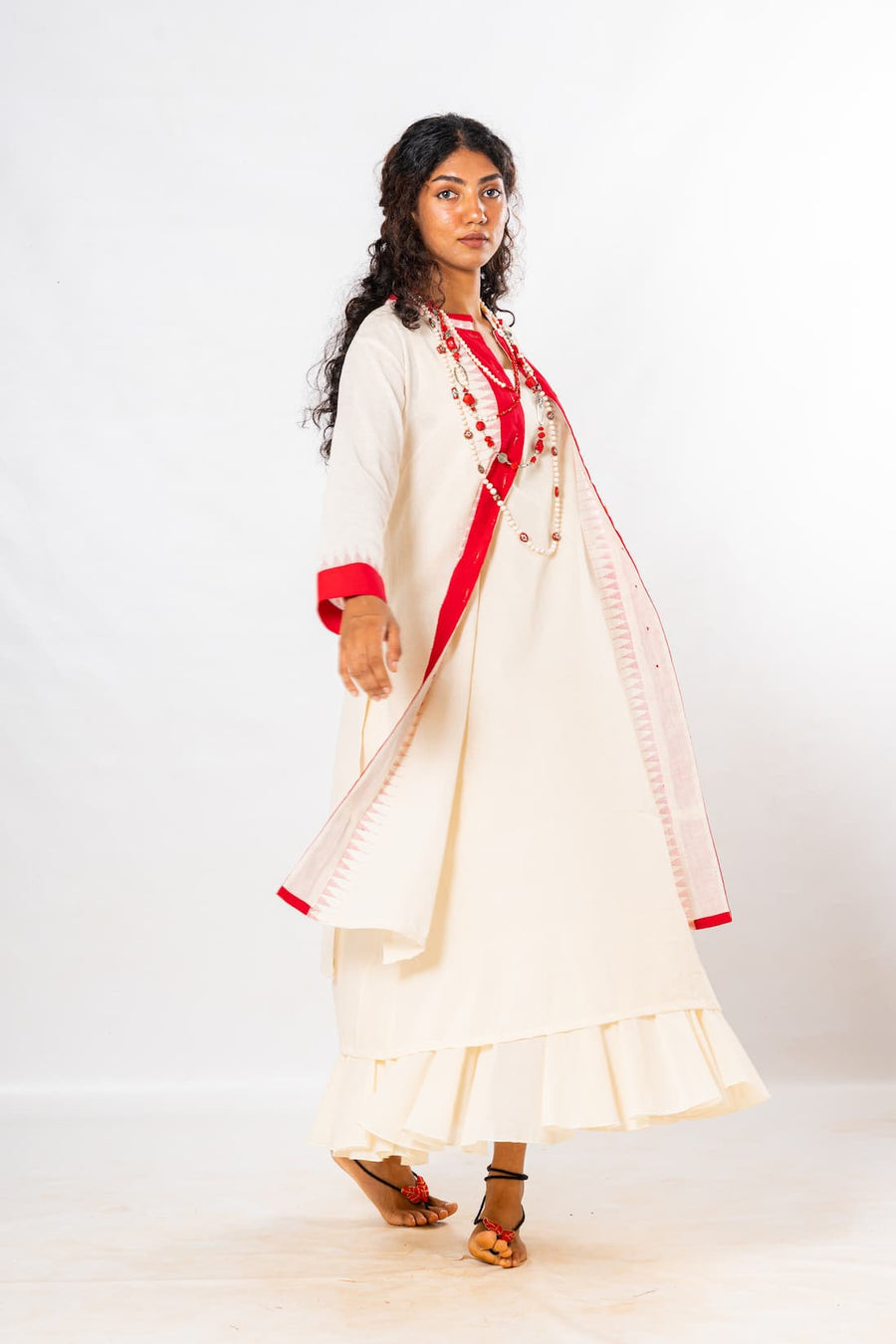 Set of 2- Ecru/Red Hand Spun Khadi Jamdani Dress & Jacket Set