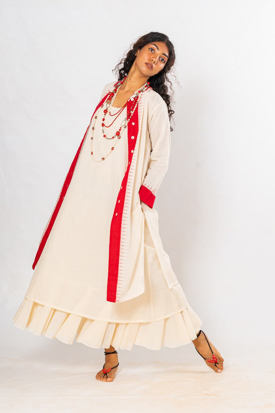 Set of 2- Ecru/Red Hand Spun Khadi Jamdani Dress & Jacket Set