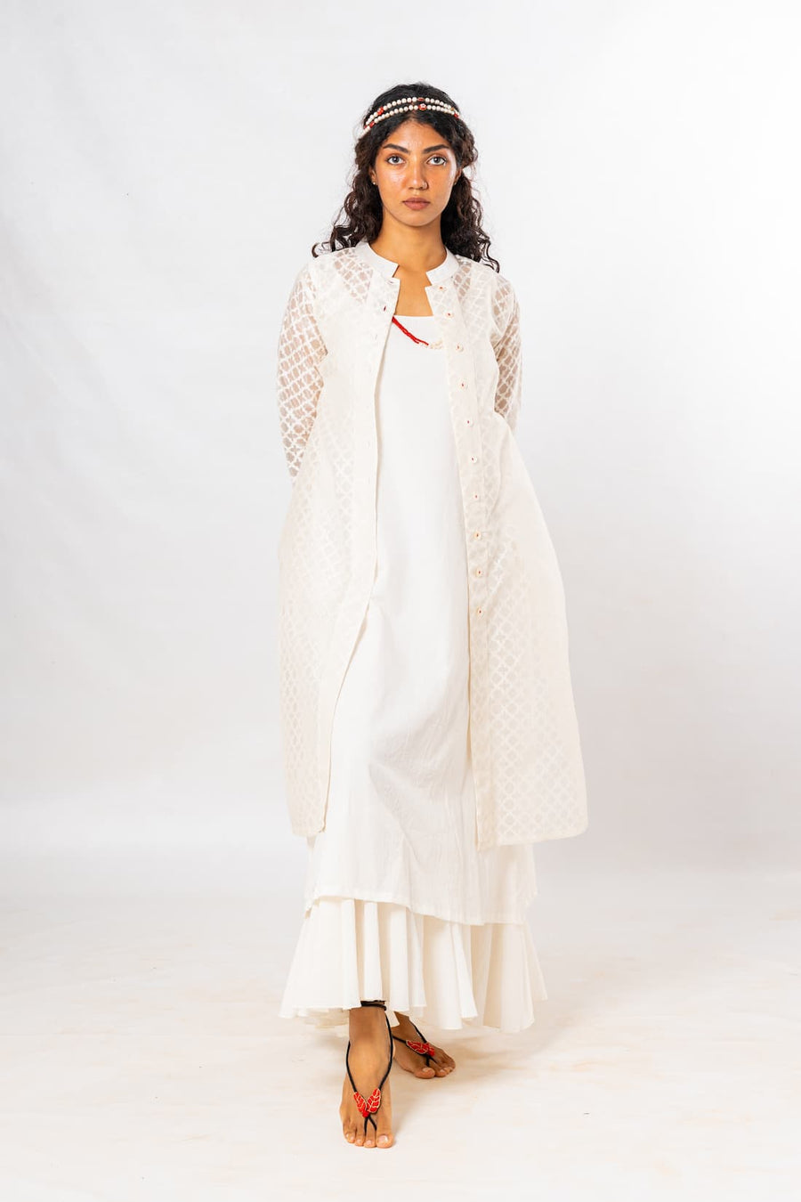 Set of 2- White Varanasi Cutwork Organic Cotton Dress & Jacket