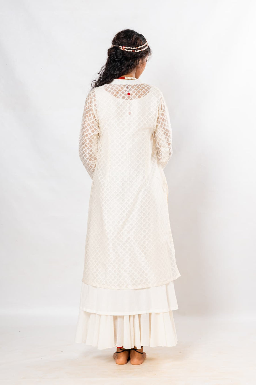 Set of 2- White Varanasi Cutwork Organic Cotton Dress & Jacket