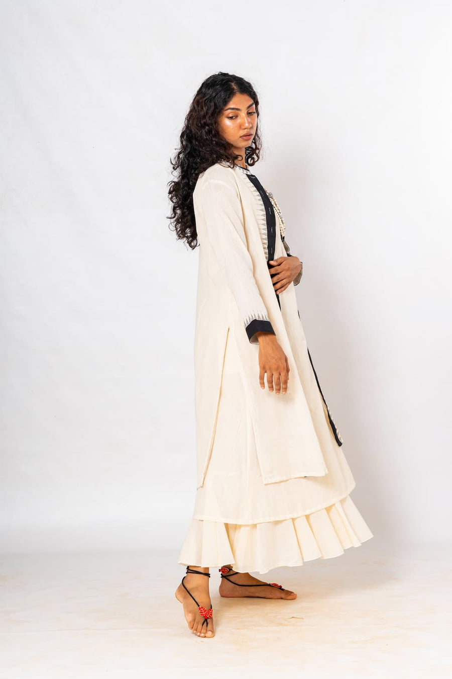 Set of 2- Ecru/Navy Hand Spun Khadi Jamdani Dress & Jacket Set
