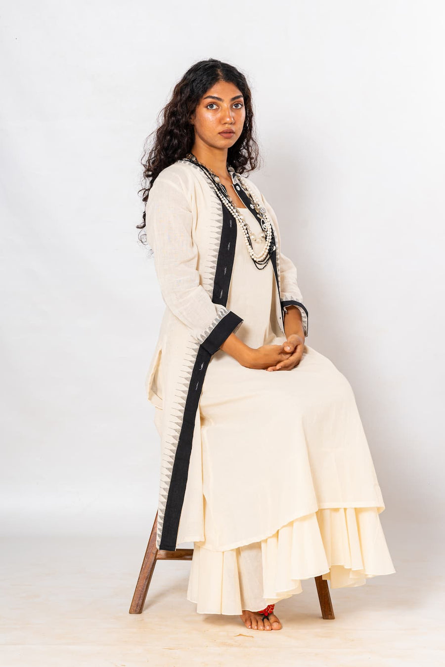 Set of 2- Ecru/Navy Hand Spun Khadi Jamdani Dress & Jacket Set