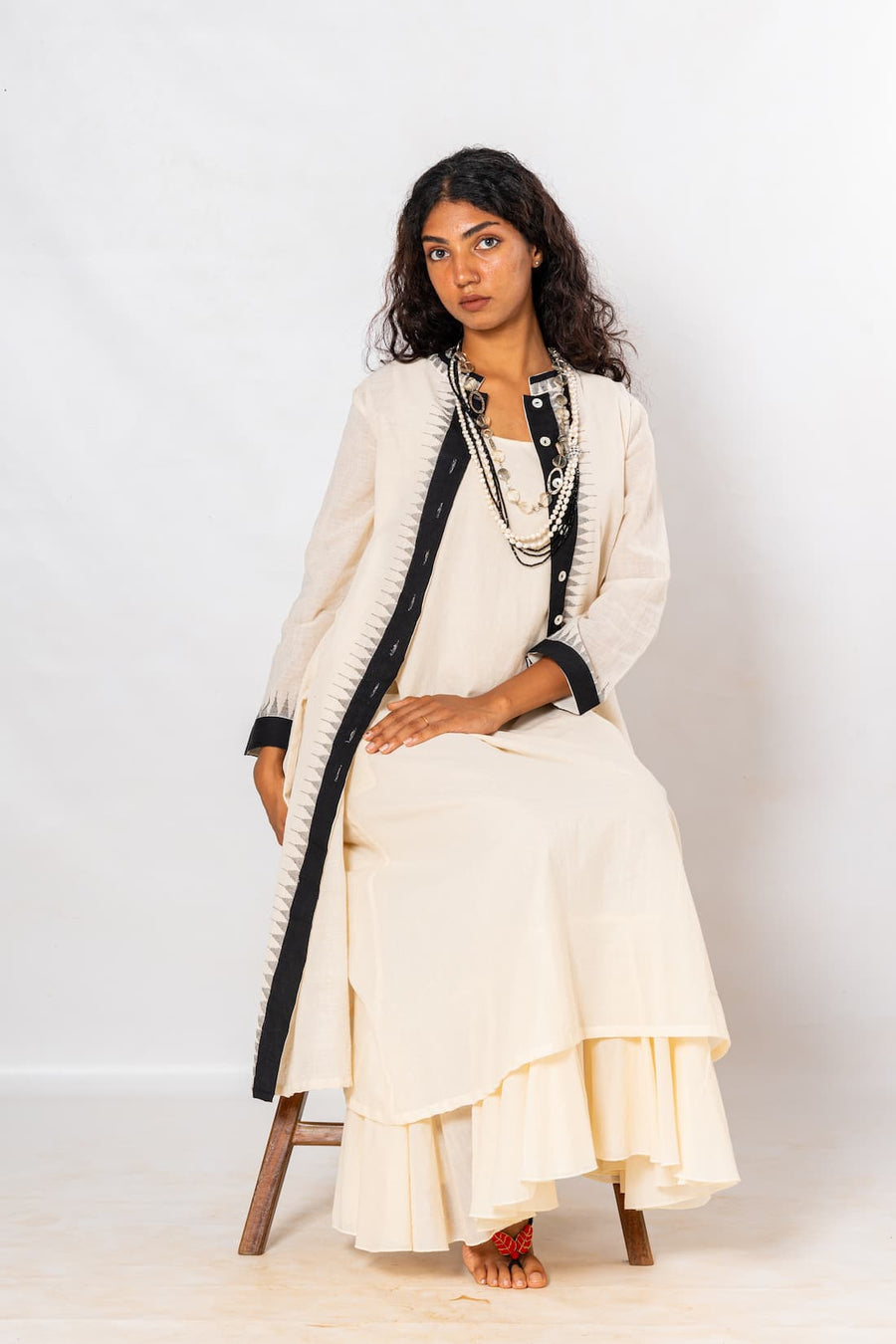 Set of 2- Ecru/Navy Hand Spun Khadi Jamdani Dress & Jacket Set