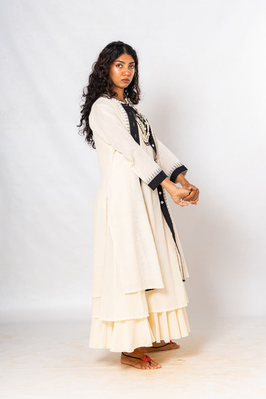 Set of 2- Ecru/Navy Hand Spun Khadi Jamdani Dress & Jacket Set