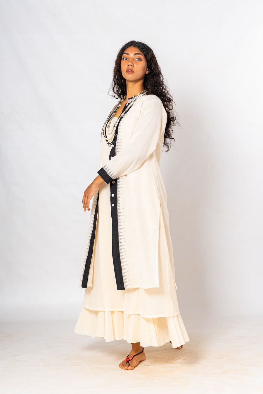 Set of 2- Ecru/Navy Hand Spun Khadi Jamdani Dress & Jacket Set