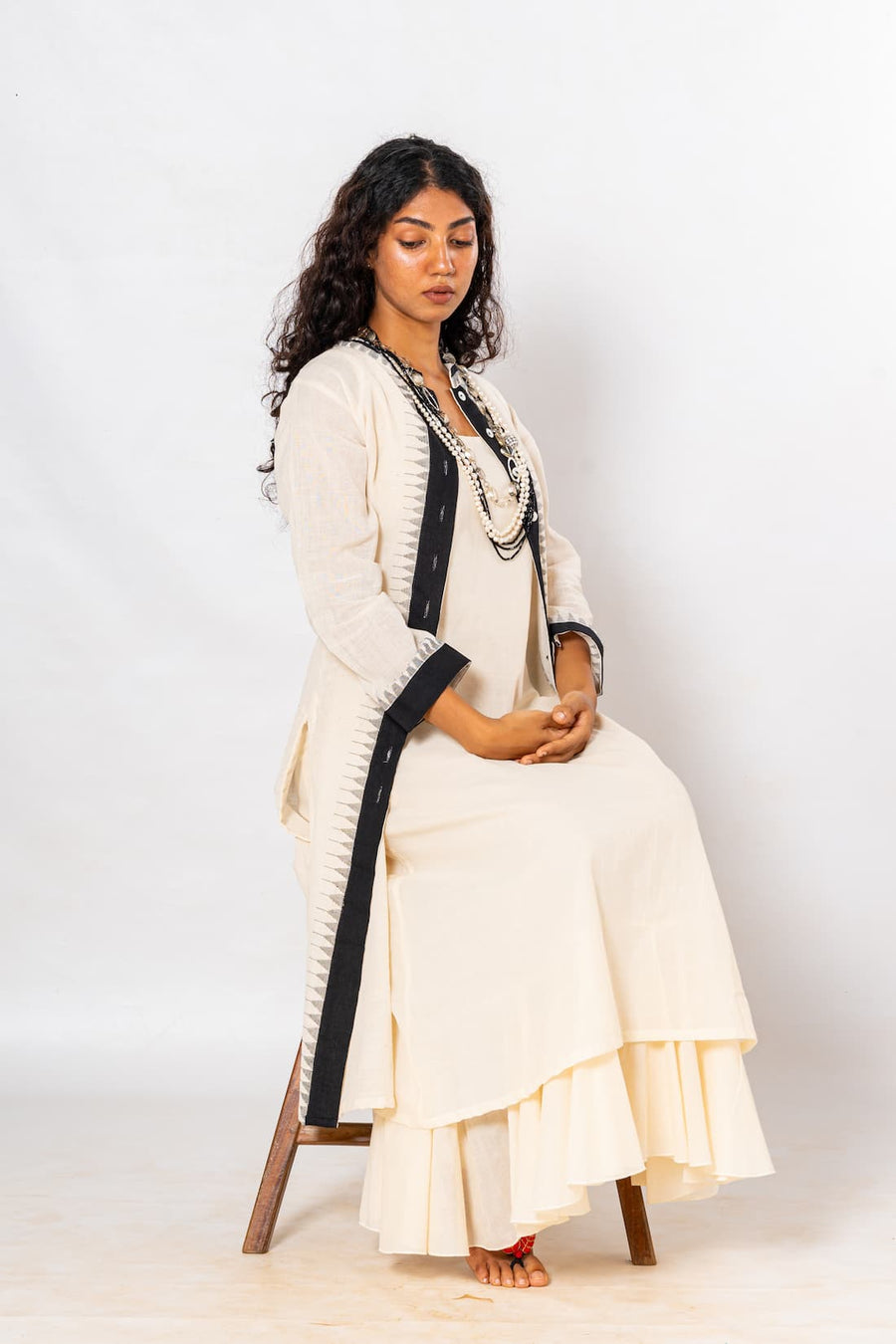 Set of 2- Ecru/Navy Hand Spun Khadi Jamdani Dress & Jacket Set