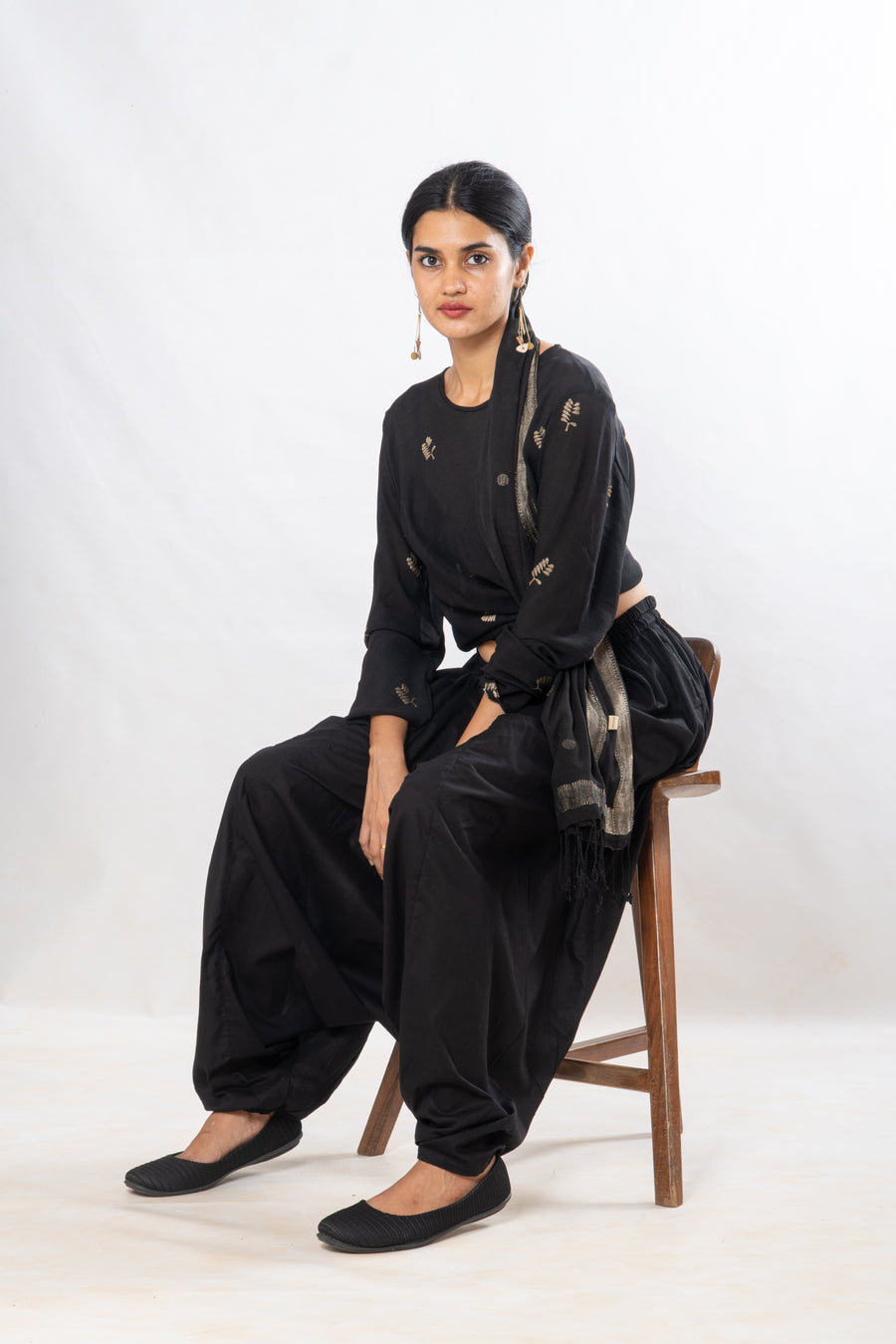 Gender Fluid Set of 3- Black Zari Motif Top, Drop Crotch Pants & Silk Scarf