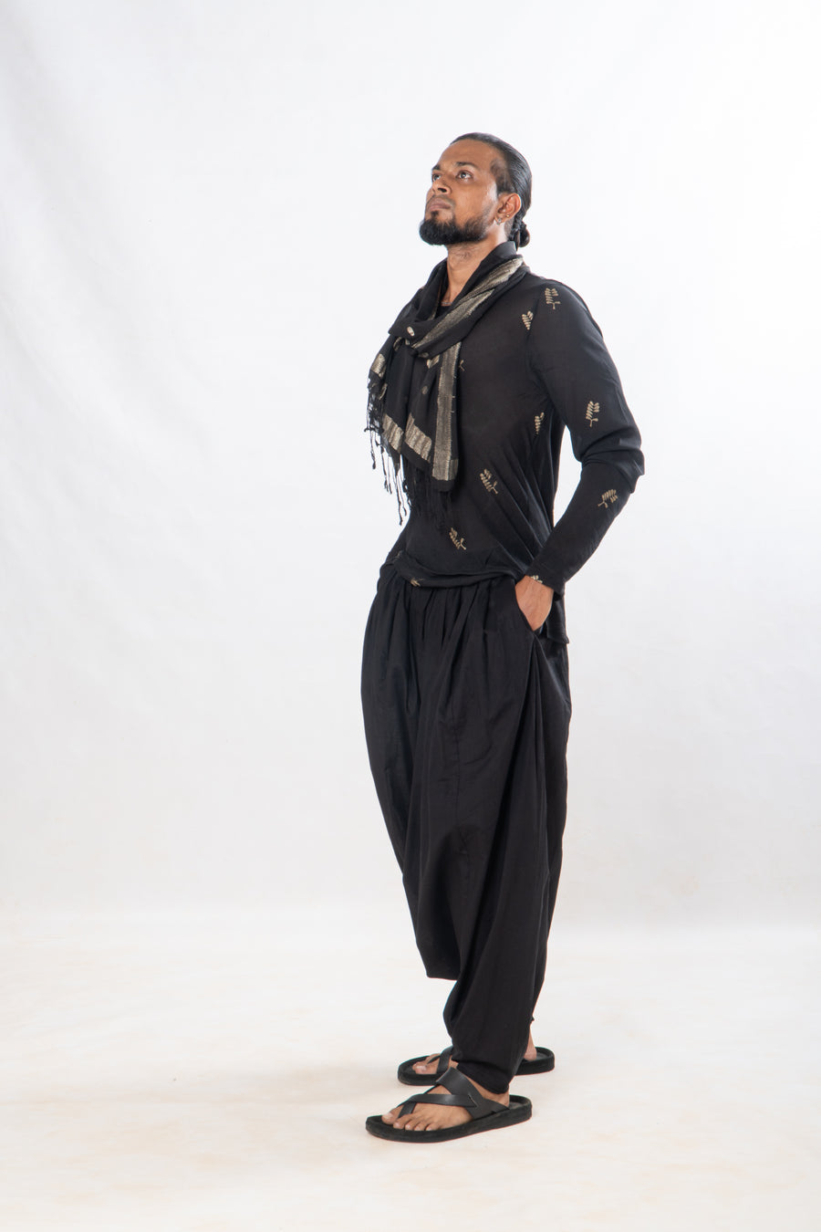 Gender Fluid Set of 3- Black Zari Motif Top, Drop Crotch Pants & Silk Scarf