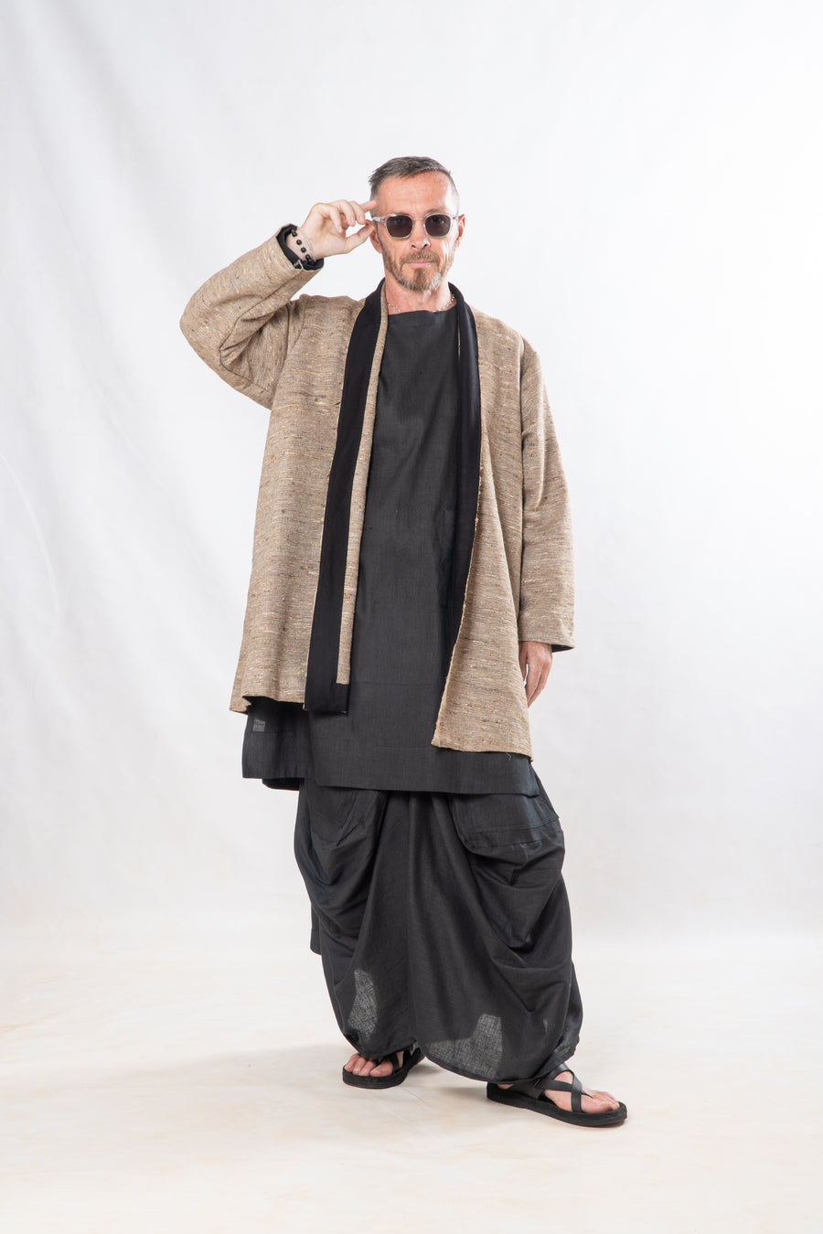 Gender-Fluid Occasion wear Set of 3- Black Handwoven Linen & Silk Set