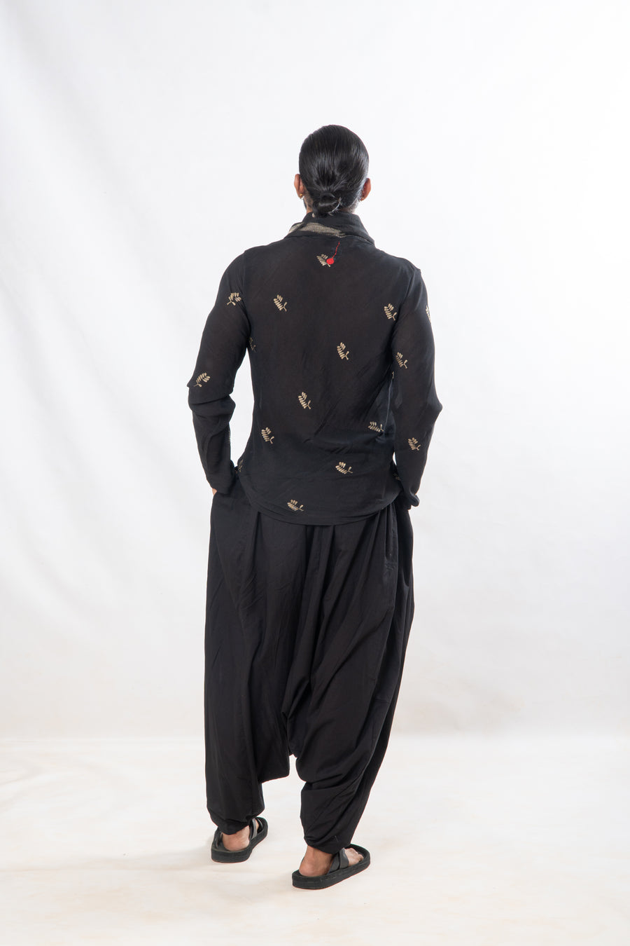 Gender Fluid Set of 3- Black Zari Motif Top, Drop Crotch Pants & Silk Scarf