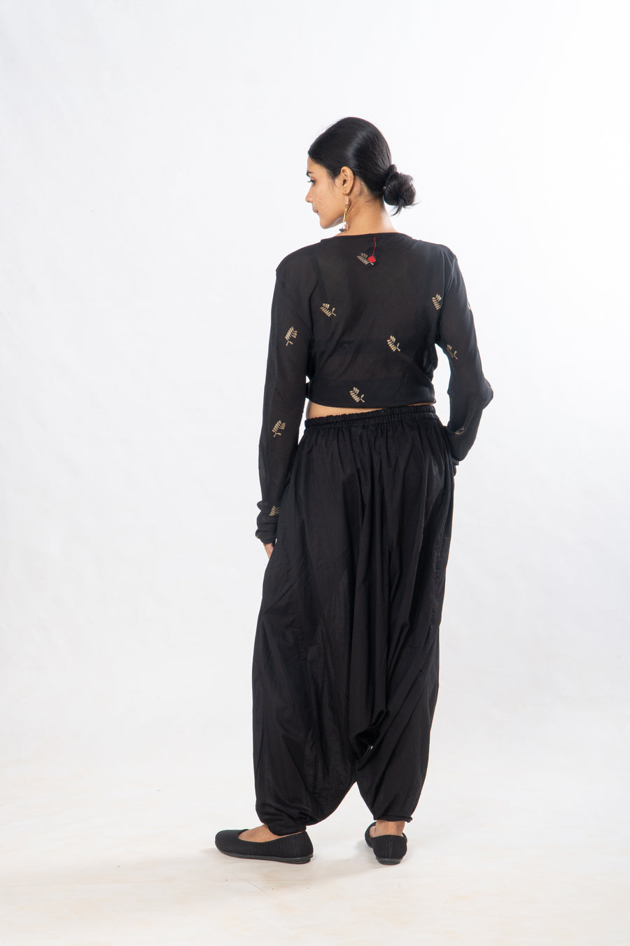Gender Fluid Set of 3- Black Zari Motif Top, Drop Crotch Pants & Silk Scarf