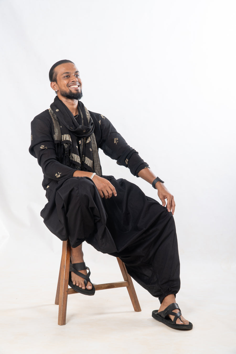 Gender Fluid Set of 3- Black Zari Motif Top, Drop Crotch Pants & Silk Scarf