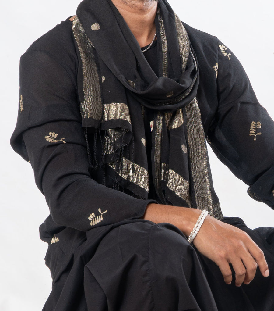 Gender Fluid Set of 3- Black Zari Motif Top, Drop Crotch Pants & Silk Scarf