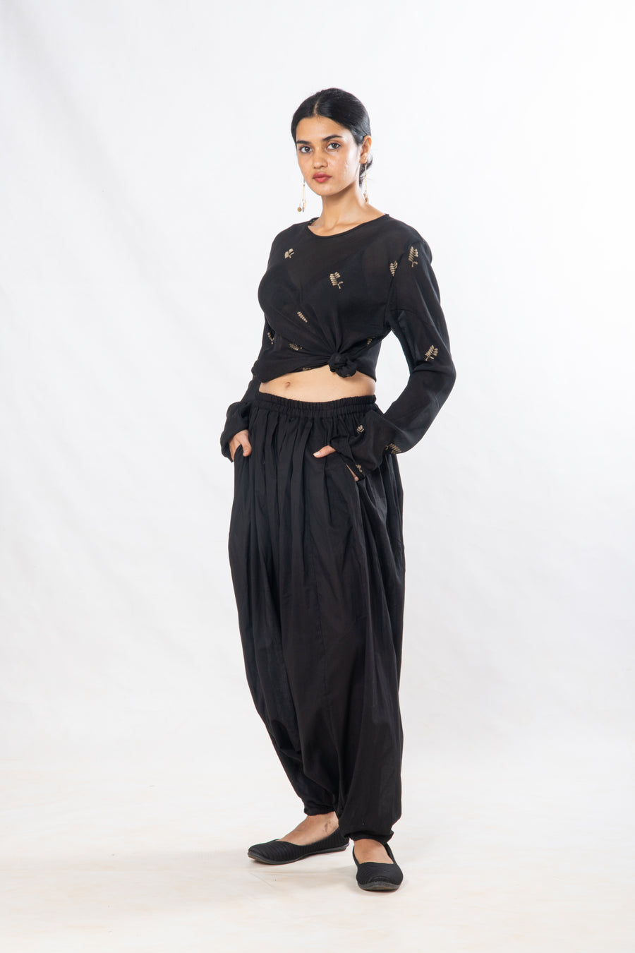 Gender Fluid Set of 3- Black Zari Motif Top, Drop Crotch Pants & Silk Scarf
