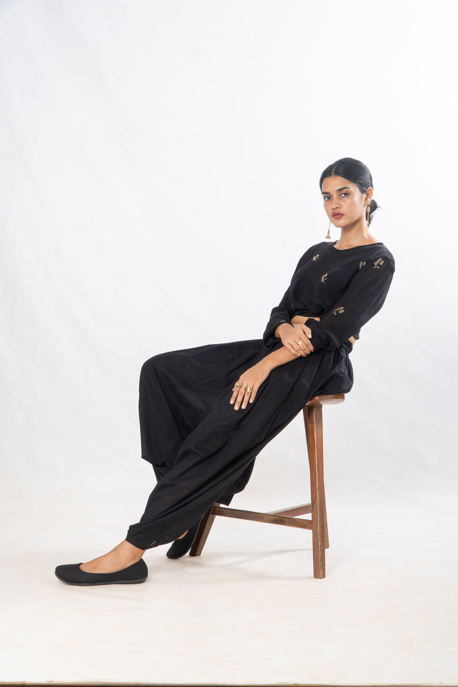 Gender Fluid Set of 3- Black Zari Motif Top, Drop Crotch Pants & Silk Scarf