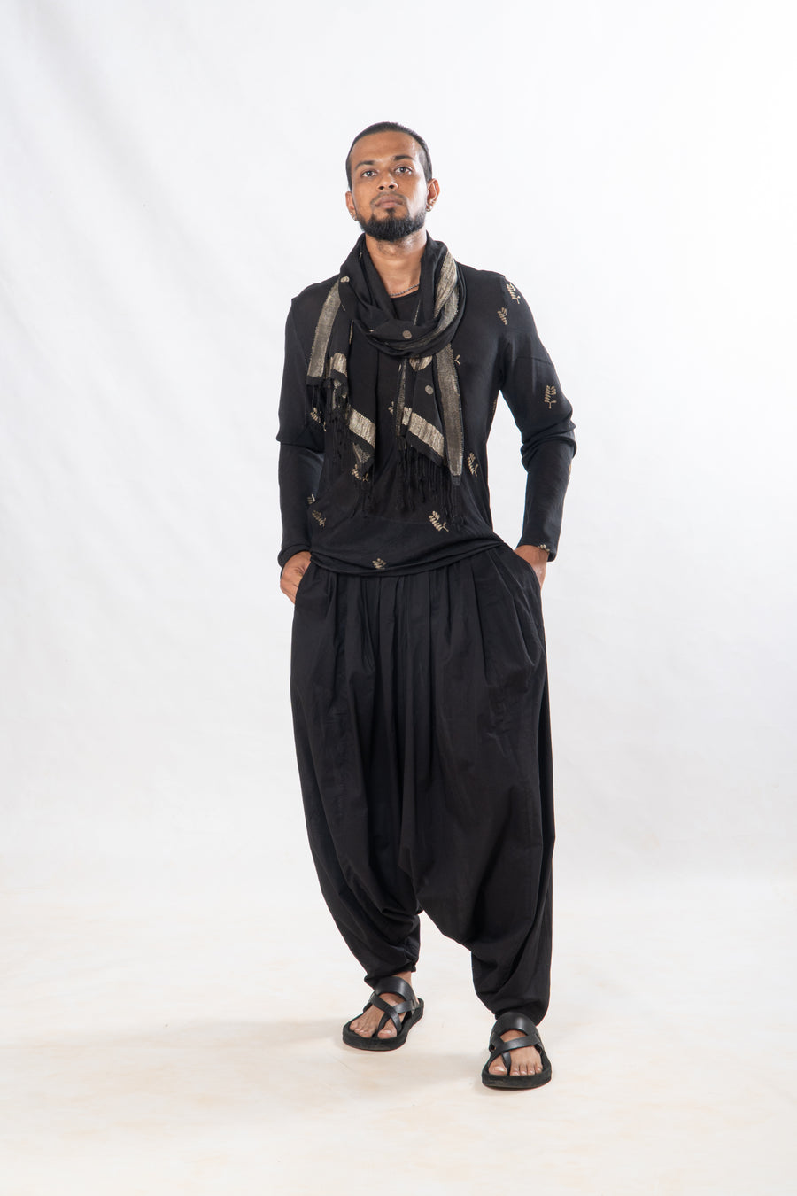 Gender Fluid Set of 3- Black Zari Motif Top, Drop Crotch Pants & Silk Scarf