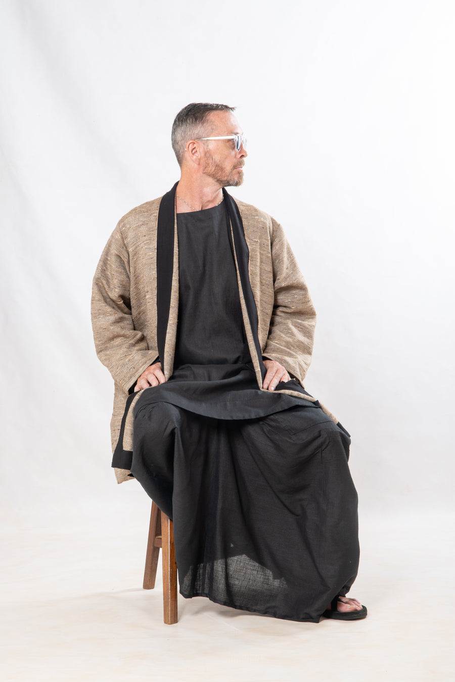 Gender-Fluid Occasion wear Set of 3- Black Handwoven Linen & Silk Set