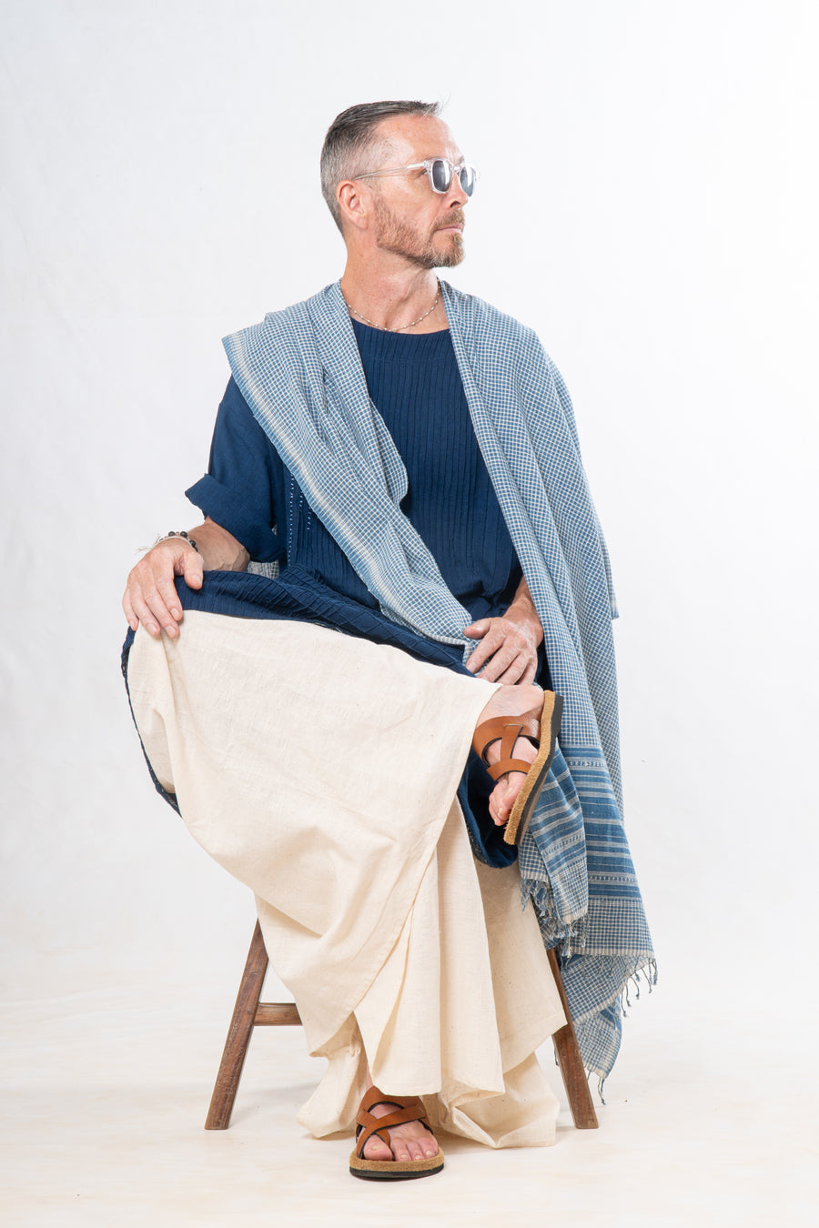 Gender-Fluid Occasion wear Set of 3-  Indigo & Natural Organic Khadi