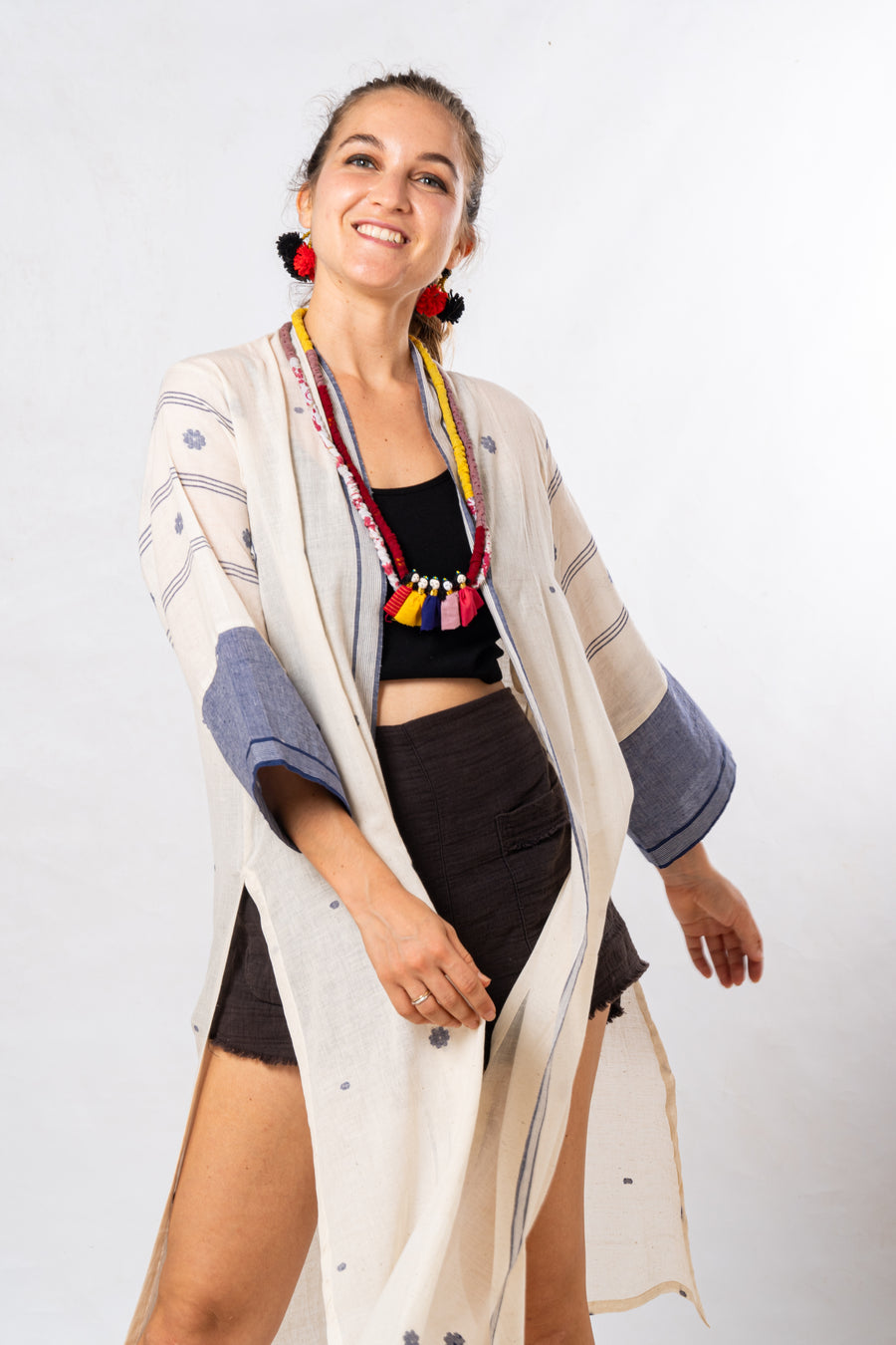 Off White Blue floral Pattern Khadi Jamdani Long Summer Jacket