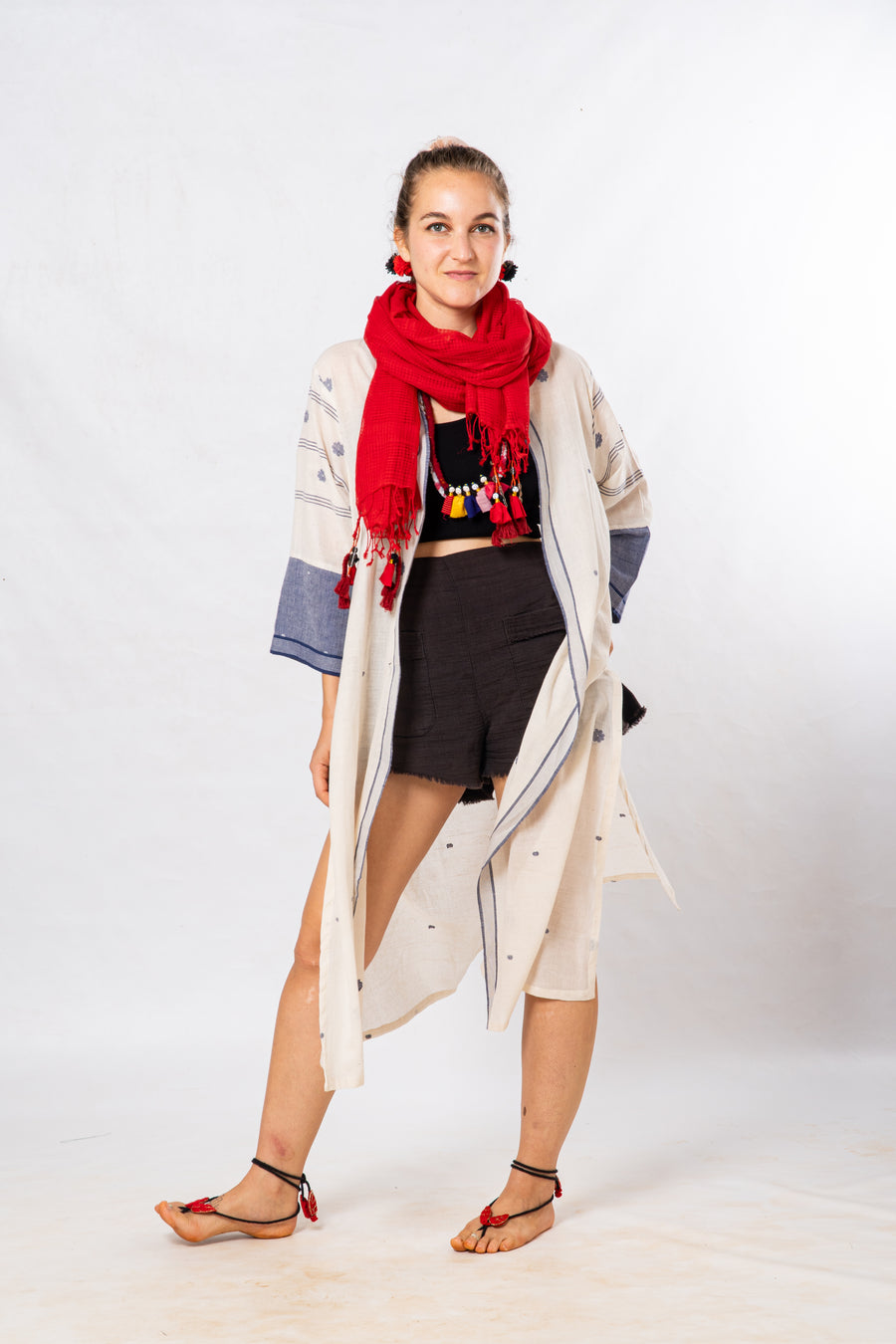 Off White Blue floral Pattern Khadi Jamdani Long Summer Jacket