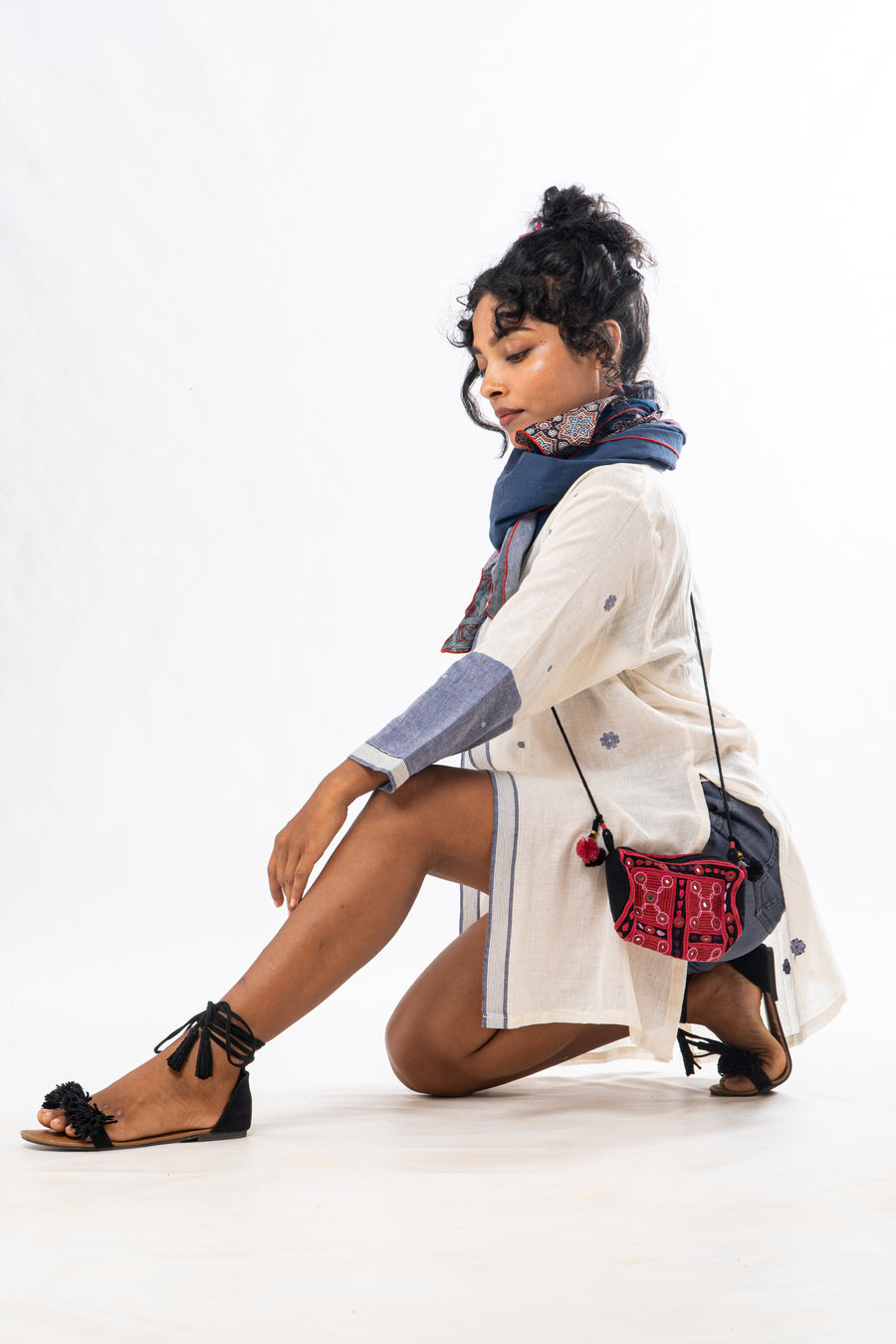 Off White Blue floral Pattern Khadi Jamdani Short Summer Jacket