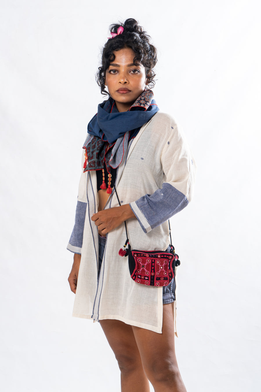 Off White Blue floral Pattern Khadi Jamdani Short Summer Jacket