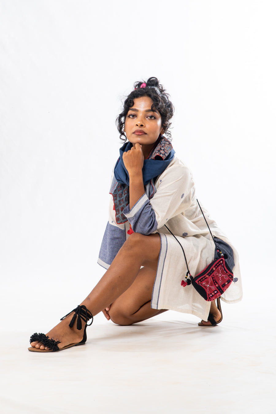 Off White Blue floral Pattern Khadi Jamdani Short Summer Jacket