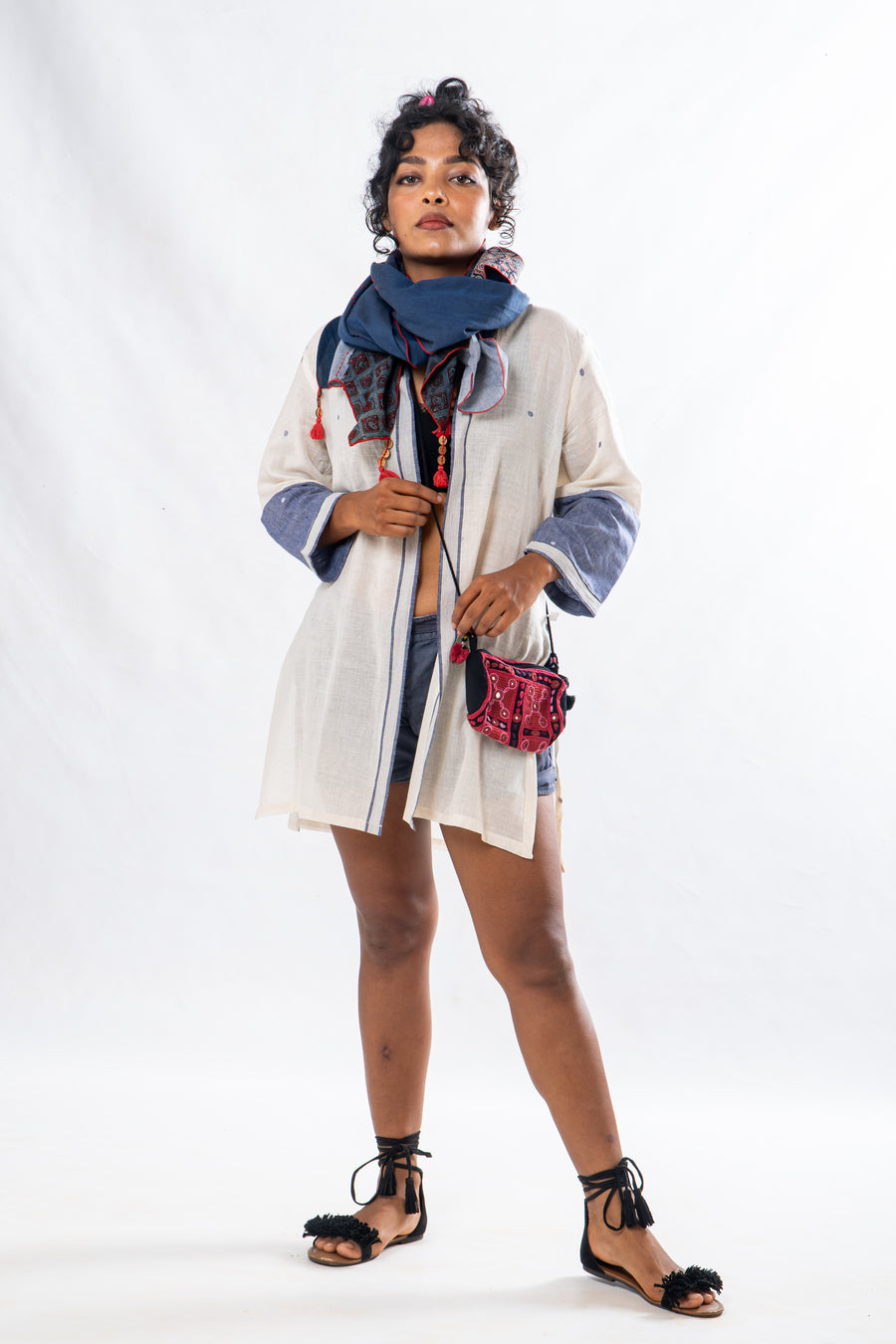 Off White Blue floral Pattern Khadi Jamdani Short Summer Jacket