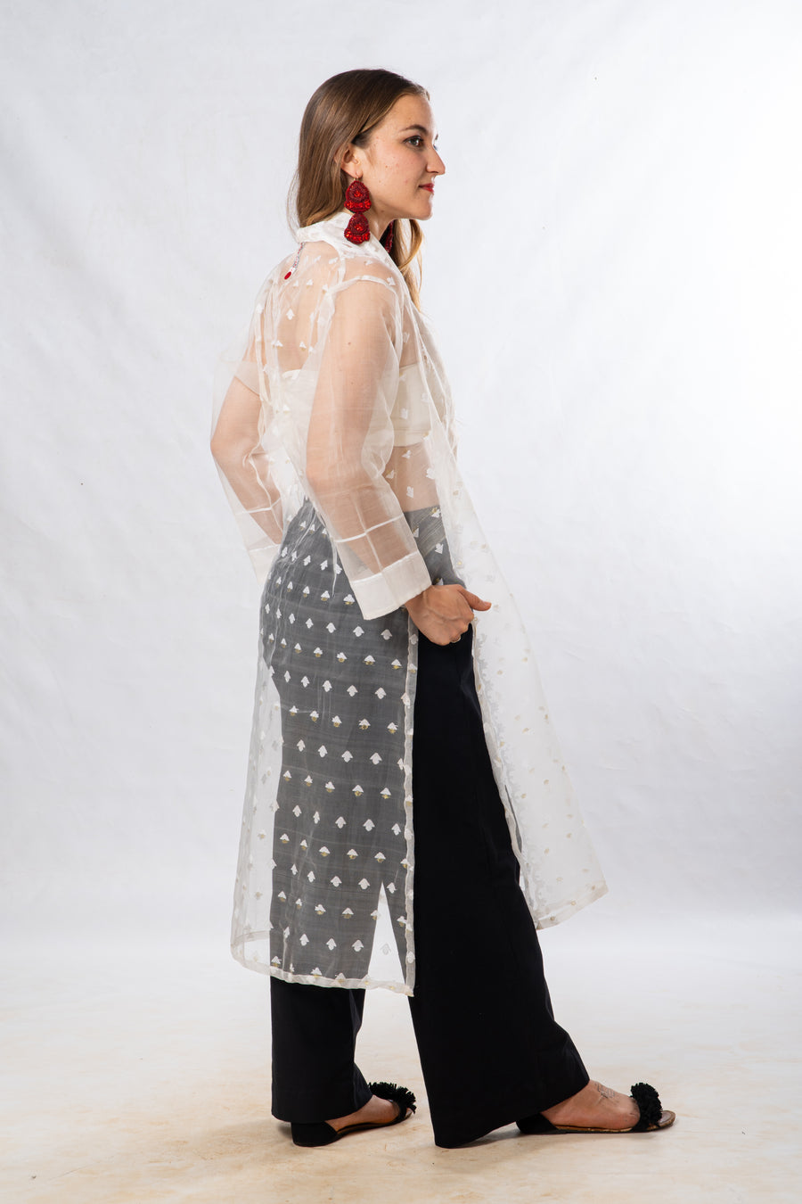 White Cutwork Silk Bengal Jamdani Long Jacket