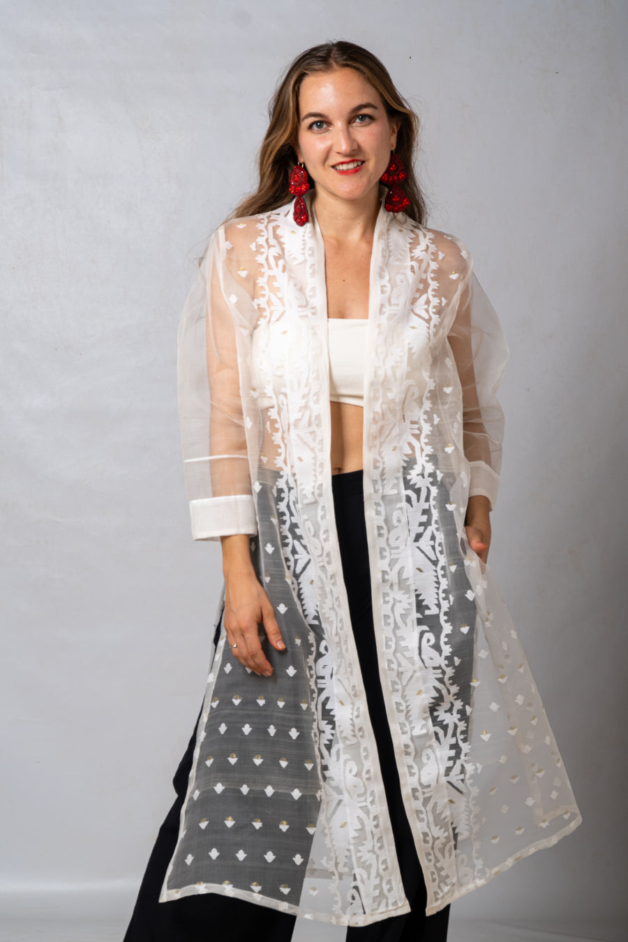 White Cutwork Silk Bengal Jamdani Long Jacket