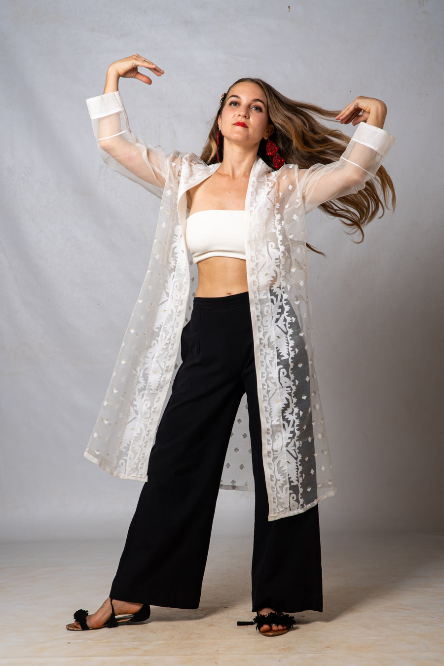 White Cutwork Silk Bengal Jamdani Long Jacket