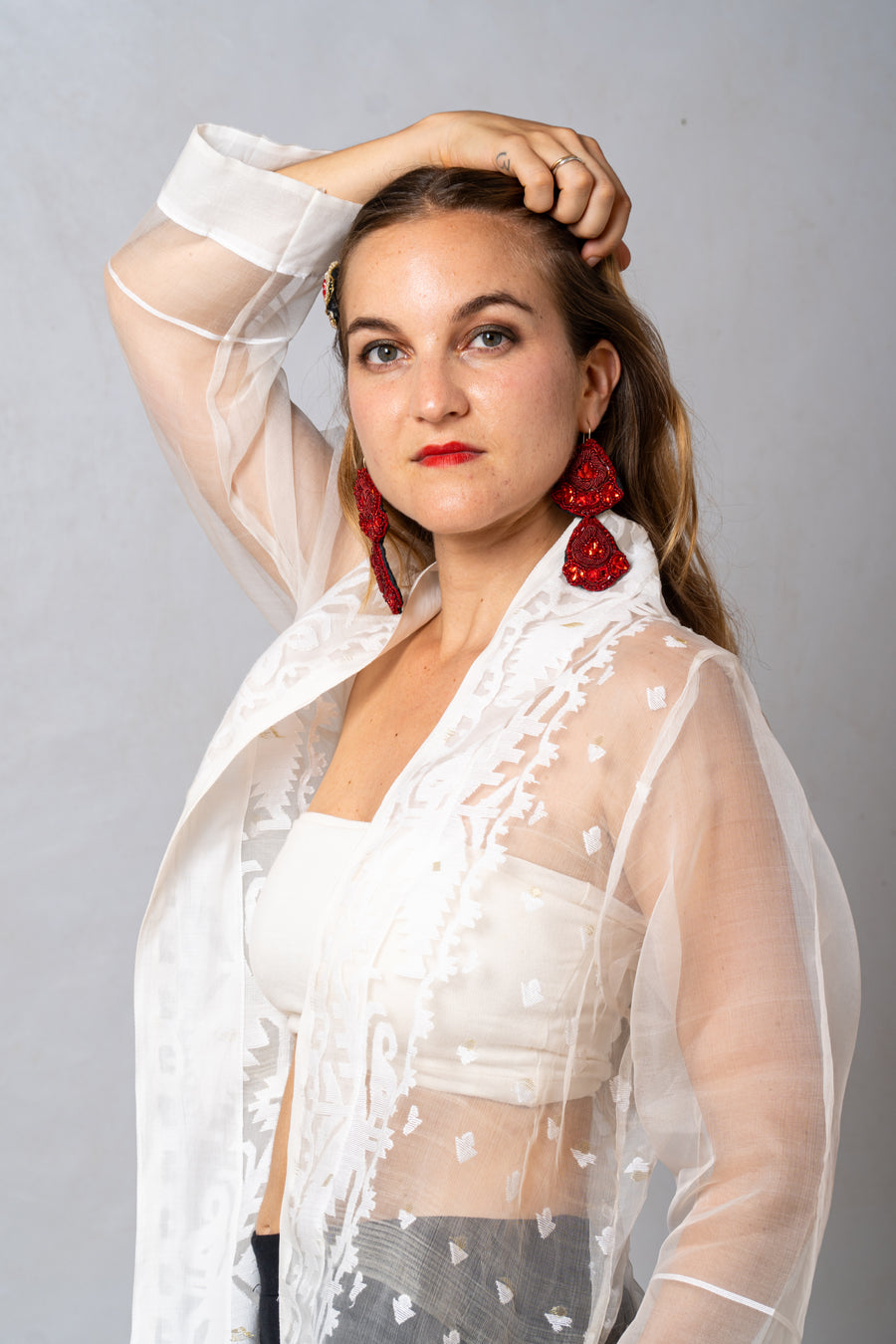 White Cutwork Silk Bengal Jamdani Long Jacket