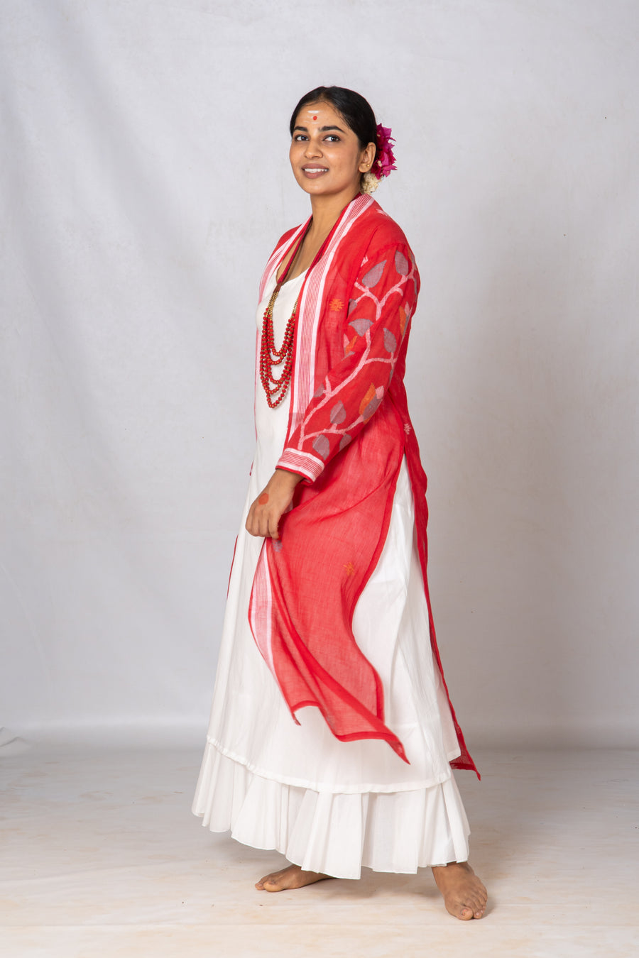 Set of 2-Red, White Organic cotton Dress & Jamdani Jacket
