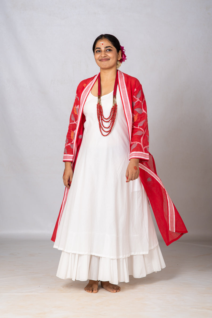 Set of 2-Red, White Organic cotton Dress & Jamdani Jacket