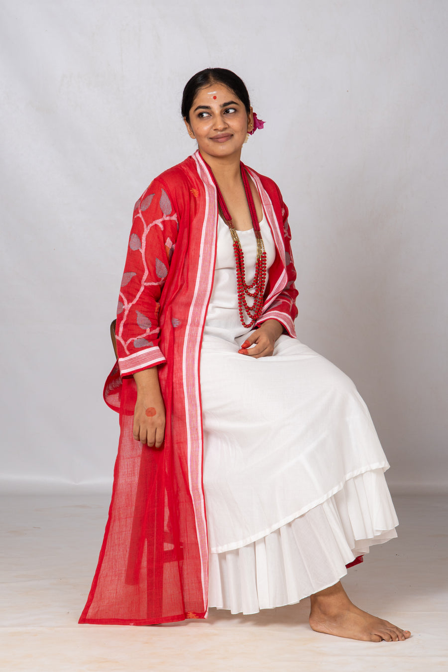 Set of 2-Red, White Organic cotton Dress & Jamdani Jacket