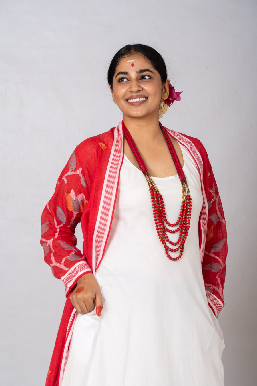 Set of 2-Red, White Organic cotton Dress & Jamdani Jacket
