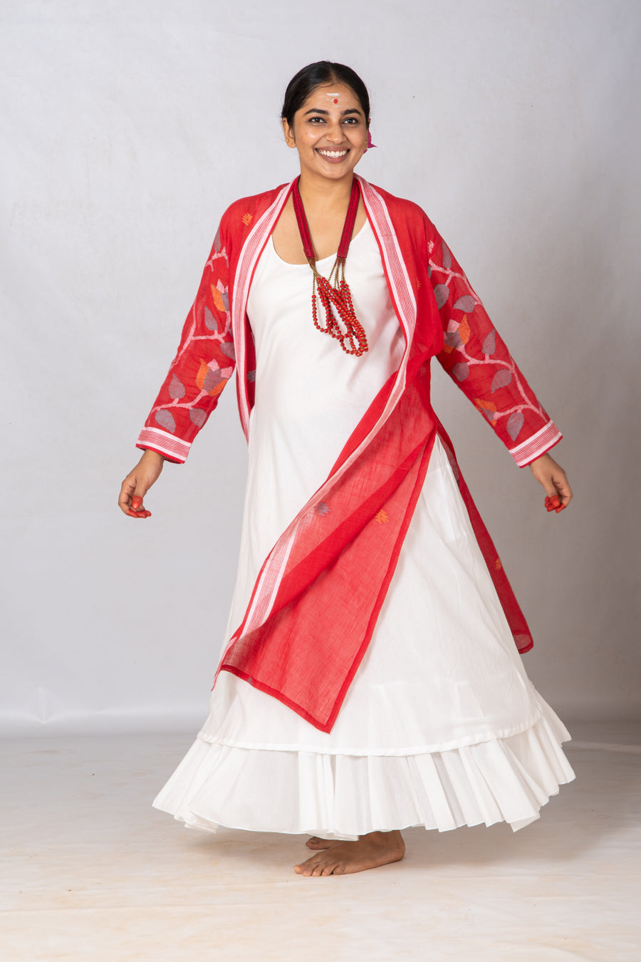 Set of 2-Red, White Organic cotton Dress & Jamdani Jacket