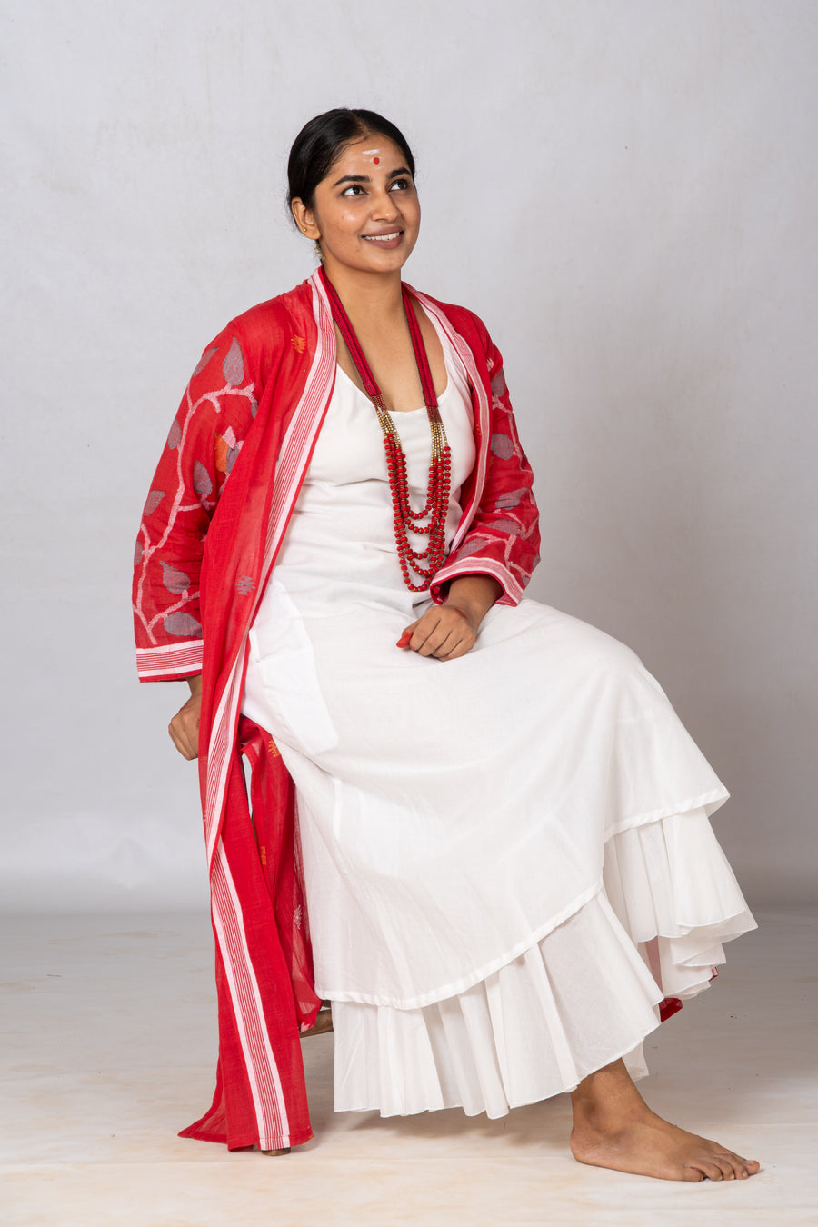Set of 2-Red, White Organic cotton Dress & Jamdani Jacket