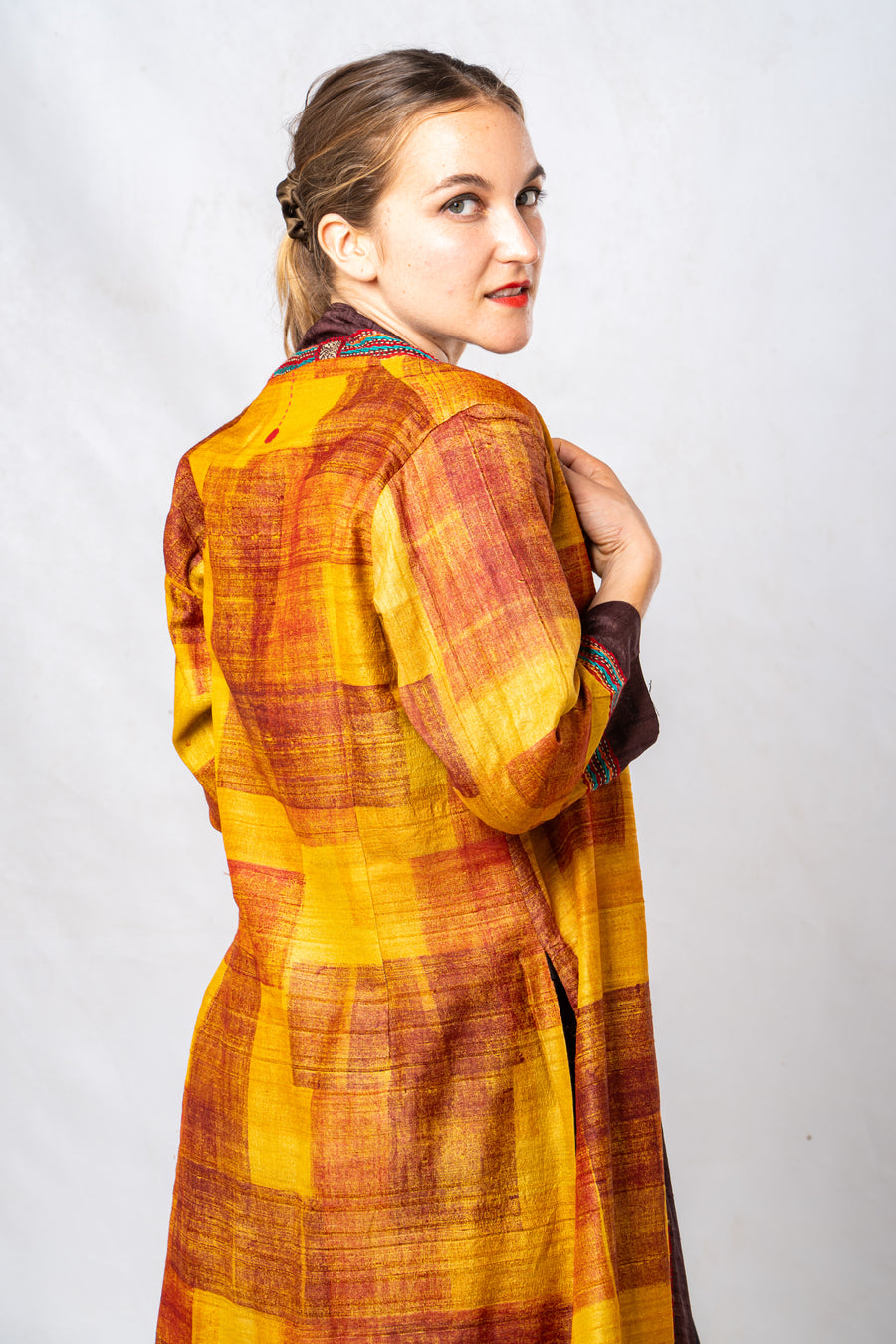 Yellow Tussar Silk Hand Painted Embroidered Long Jacket