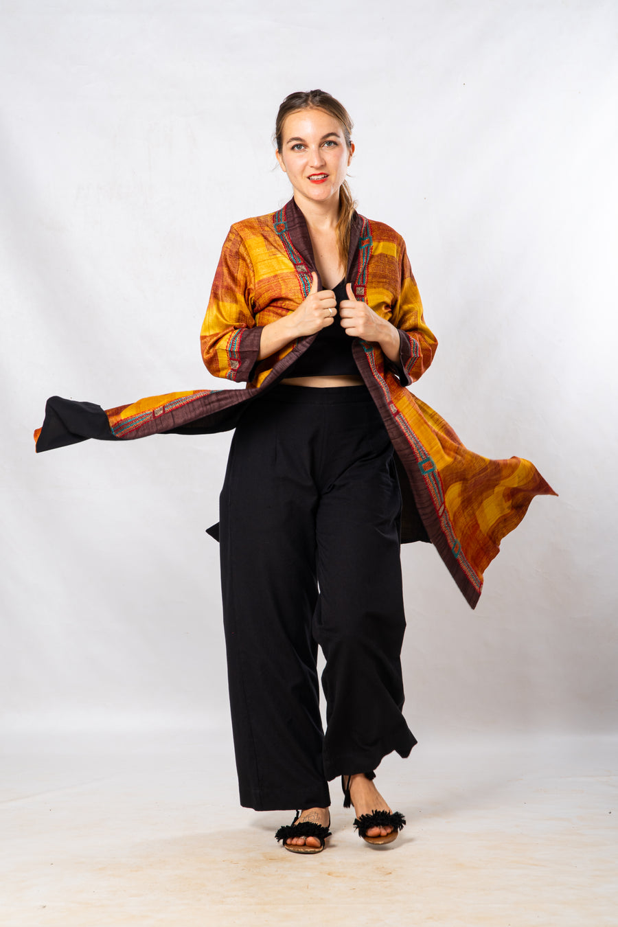 Yellow Tussar Silk Hand Painted Embroidered Long Jacket