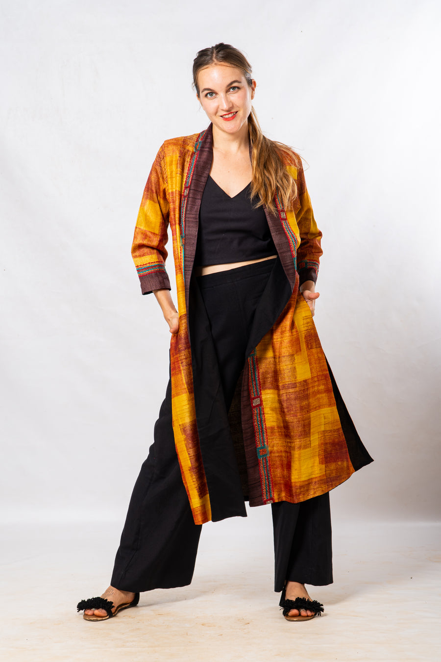 Yellow Tussar Silk Hand Painted Embroidered Long Jacket