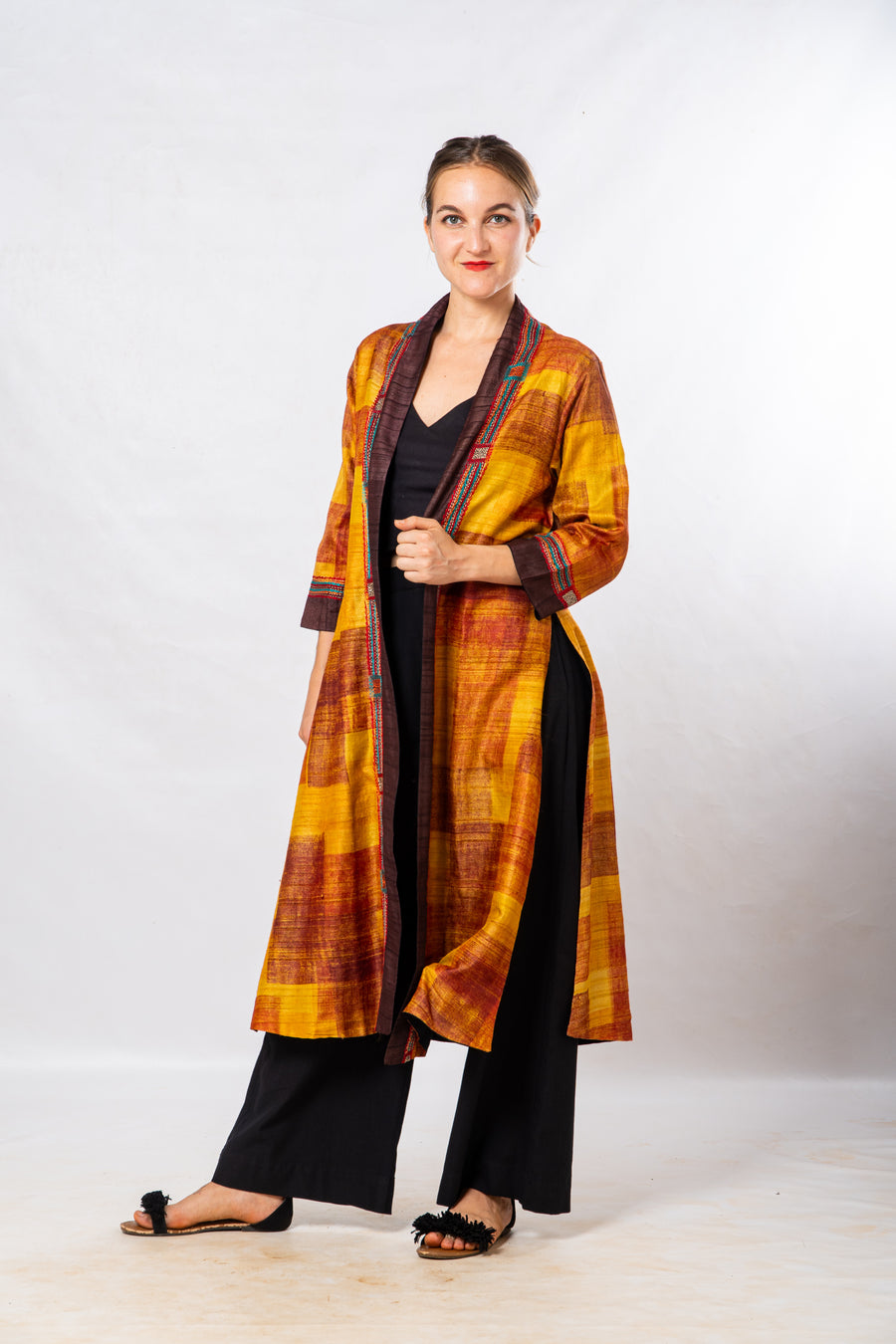 Yellow Tussar Silk Hand Painted Embroidered Long Jacket