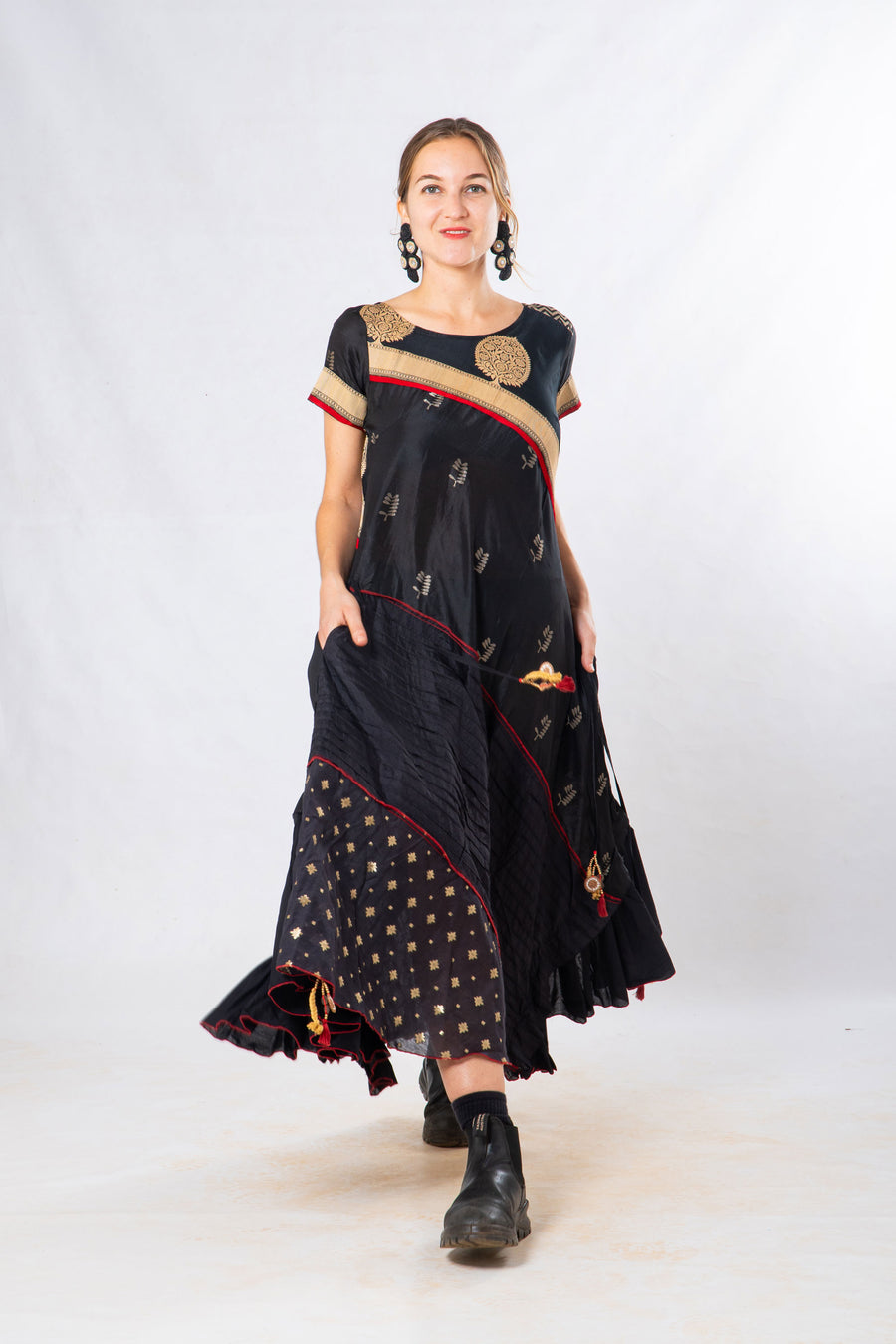 Black Silk Panelled Craft Dress
