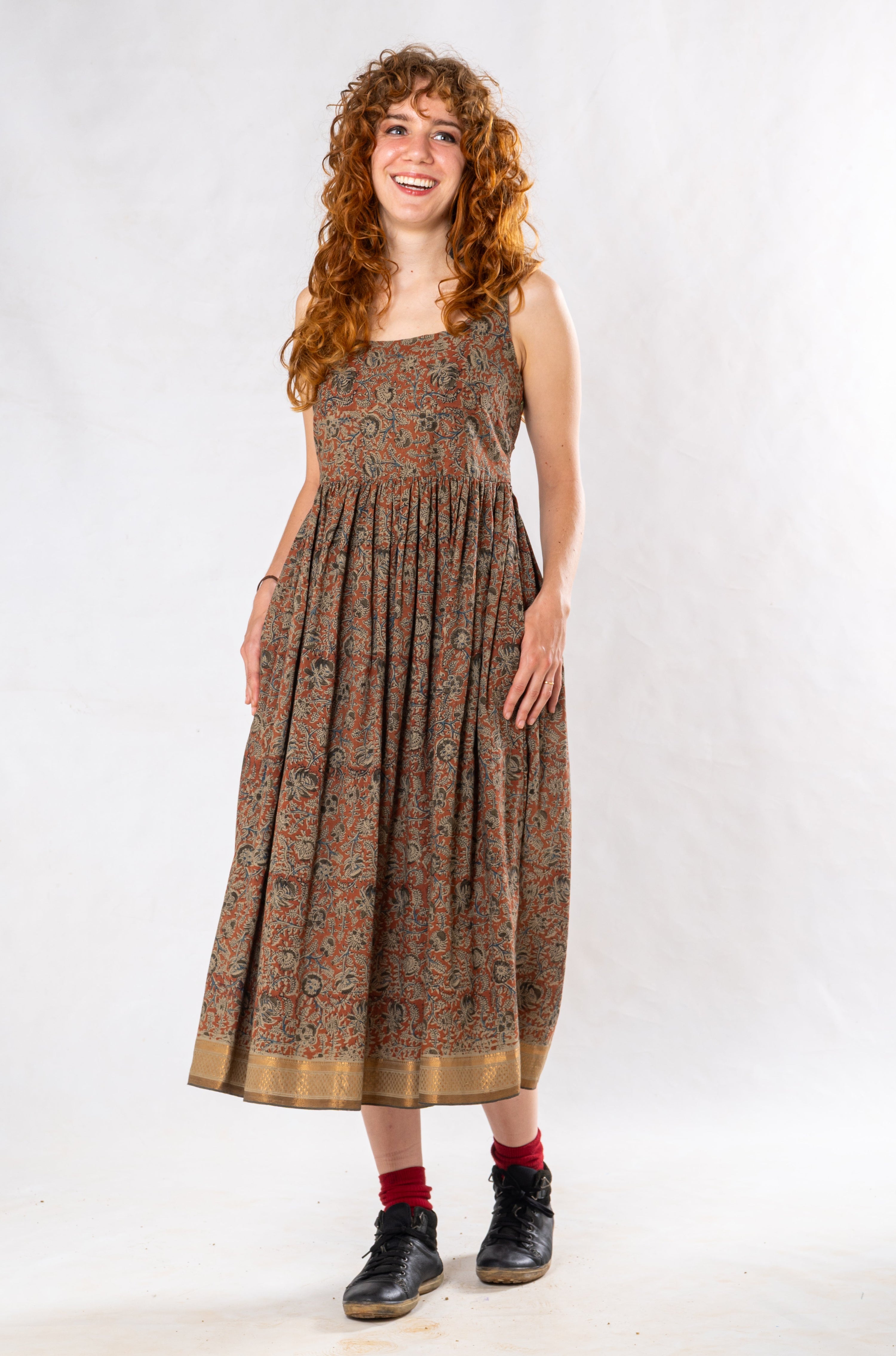 Earthy Kalamkari Low Back Midi Dress