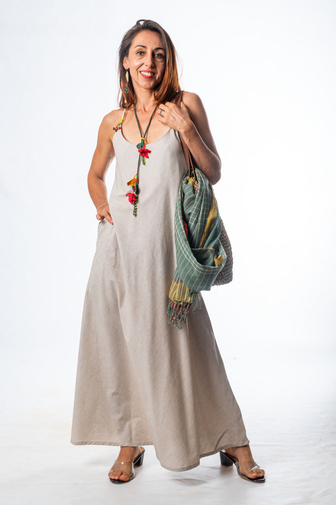 Set of 2- Beige Hand Spun Cotton A line Maxi Dress & Scarf