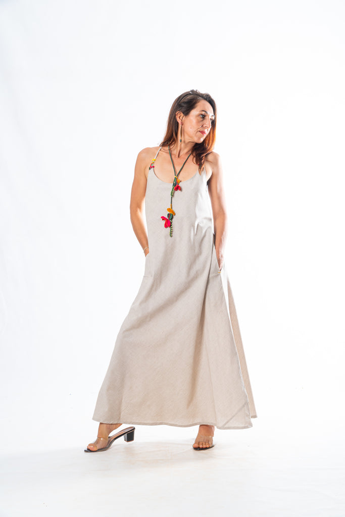 Set of 2- Beige Hand Spun Cotton A line Maxi Dress & Scarf