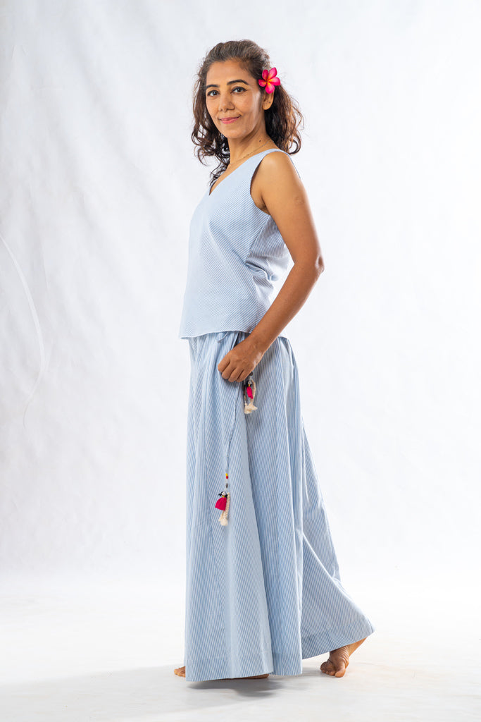 blue and white striped co ord