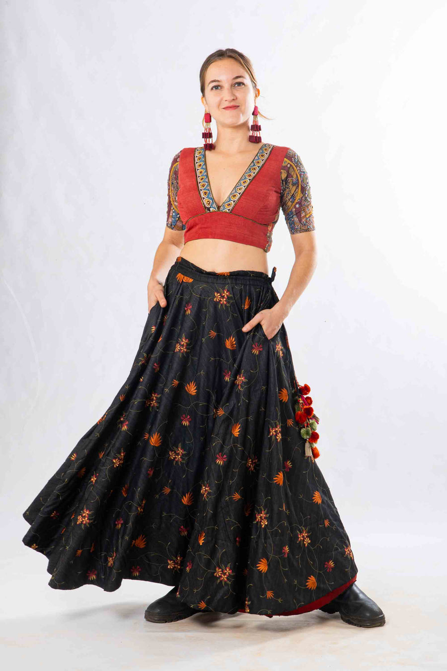 Set of 2- Gowri Silk embroidered skirt & kalamkari Blouse