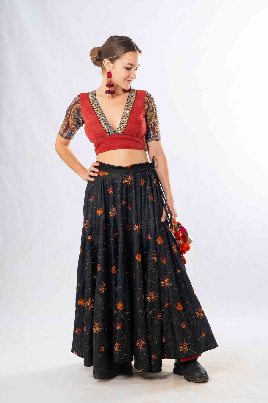 Set of 2- Gowri Silk embroidered skirt & kalamkari Blouse