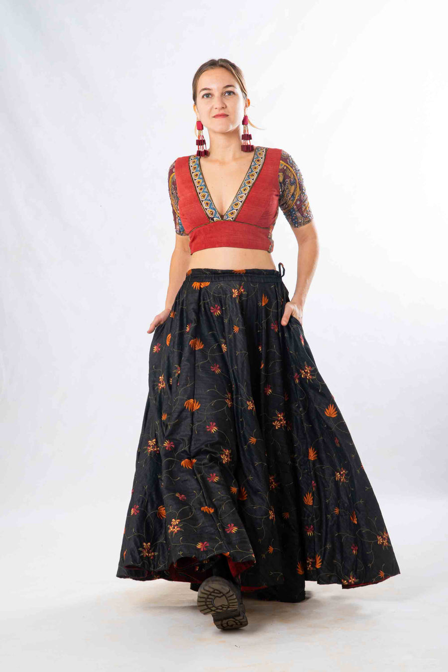 Set of 2- Gowri Silk embroidered skirt & kalamkari Blouse